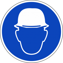 Een rond blauwe sticker, met daarop een witte afbeelding van een hoofd met een veiligheidshelm.