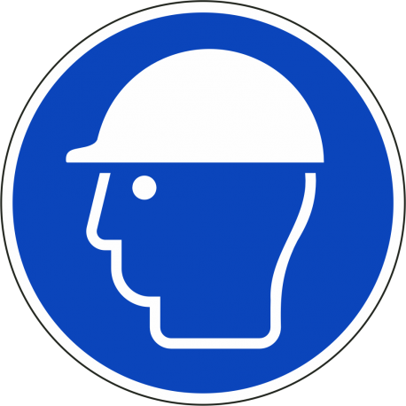 Een rond blauwe ISO 7010 sticker, met daarop een witte afbeelding van een hoofd met een veiligheidshelm.