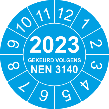 Keuringsstickers met NEN 3140 en jaartal (blauw)