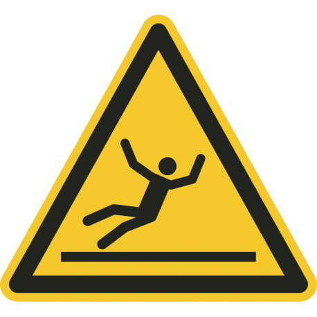 Een gele gevarendriehoek ISO 7010 sticker met een persoon die uitglijdt op een glad oppervlak