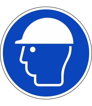 Een rond blauwe ISO 7010 sticker, met daarop een witte afbeelding van een hoofd met een veiligheidshelm.