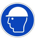 Een rond blauwe ISO 7010 sticker, met daarop een witte afbeelding van een hoofd met een veiligheidshelm.