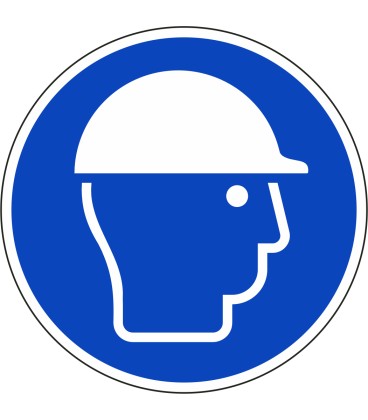 Een rond blauwe ISO 7010 sticker, met daarop een witte afbeelding van een hoofd met een veiligheidshelm.
