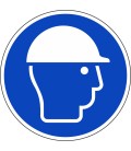 Een rond blauwe ISO 7010 sticker, met daarop een witte afbeelding van een hoofd met een veiligheidshelm.